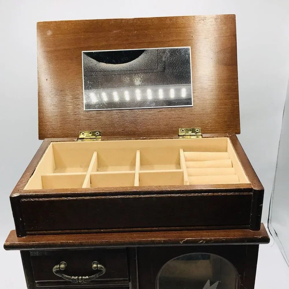 Vintage Wooden Jewelry Box Armoire Etched Glass, Wheel, 4 Drawers, 12.5x10x5 In
